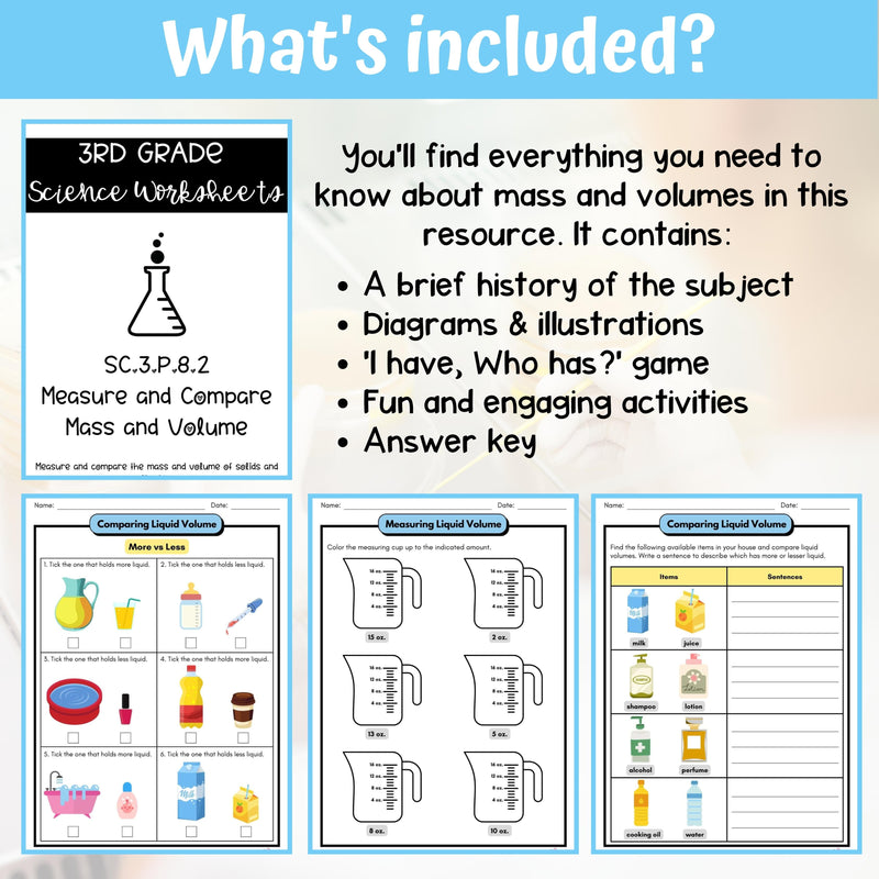 Mass and Volume Activity & Answer Key 3rd Grade Physical Science