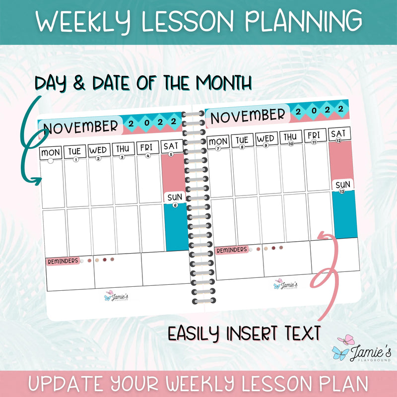 Editable Teacher Binder | Weekly Lesson Plans and Calendar 2023 | Pink & Teal Theme