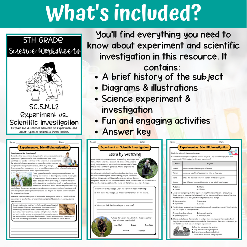 Experiment and Scientific Investigations Activity & Answer Key 5th Grade Science