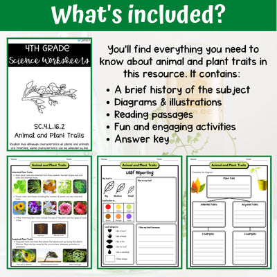 Animal and Plant Traits Activity & Answer Key 4th Grade Life Science