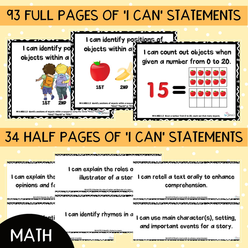 Florida BEST Standards: Kindergarten MATH & ELA I Can Statements - BUNDLE