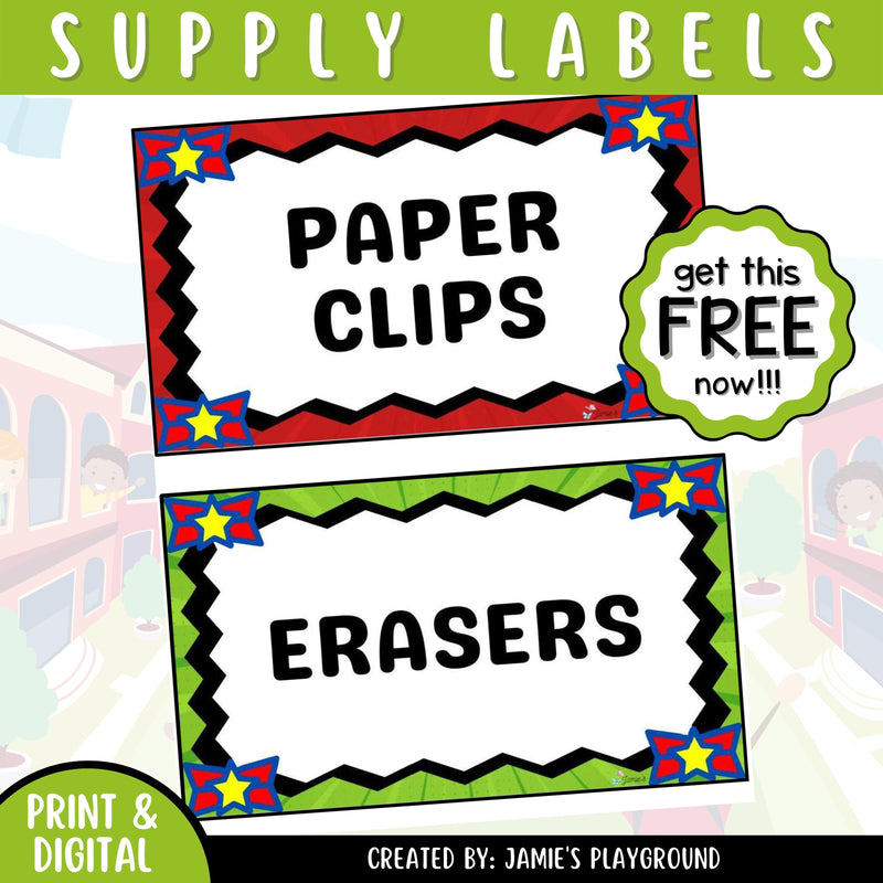 FREE - Superhero Classroom Supply Label: Classroom Organization Colorful Supply Label