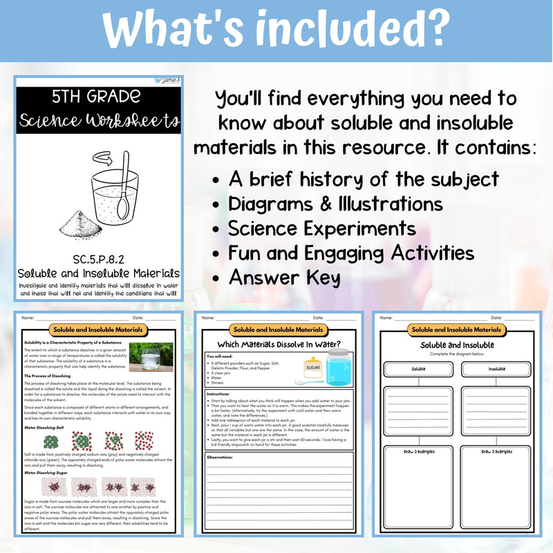 Soluble and Insoluble 5th Grade Physical Science Activities & Answer Key