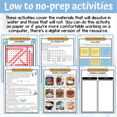 Soluble and Insoluble 5th Grade Physical Science Activities & Answer Key