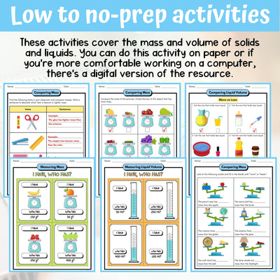 Mass and Volume Activity & Answer Key 3rd Grade Physical Science