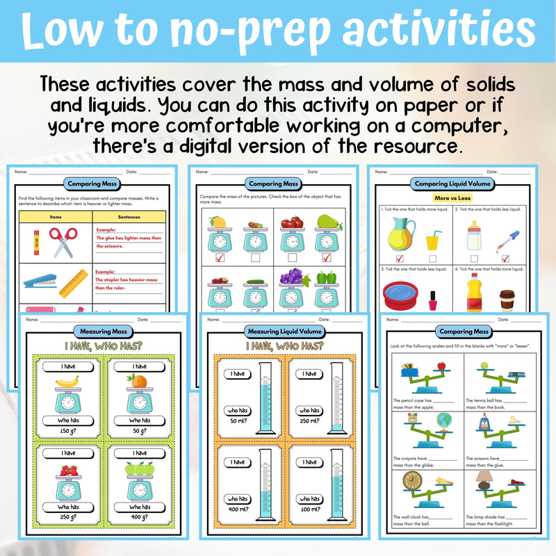 Mass and Volume Activity & Answer Key 3rd Grade Physical Science