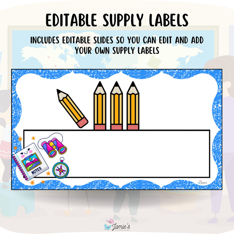 Classroom Supply Labels 2 - EDITABLE Geography Classroom Organization Colorful Supply Labels