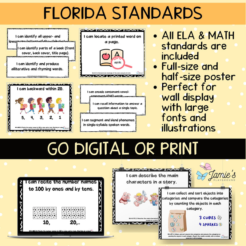 Florida BEST Standards: Kindergarten MATH & ELA I Can Statements - BUNDLE