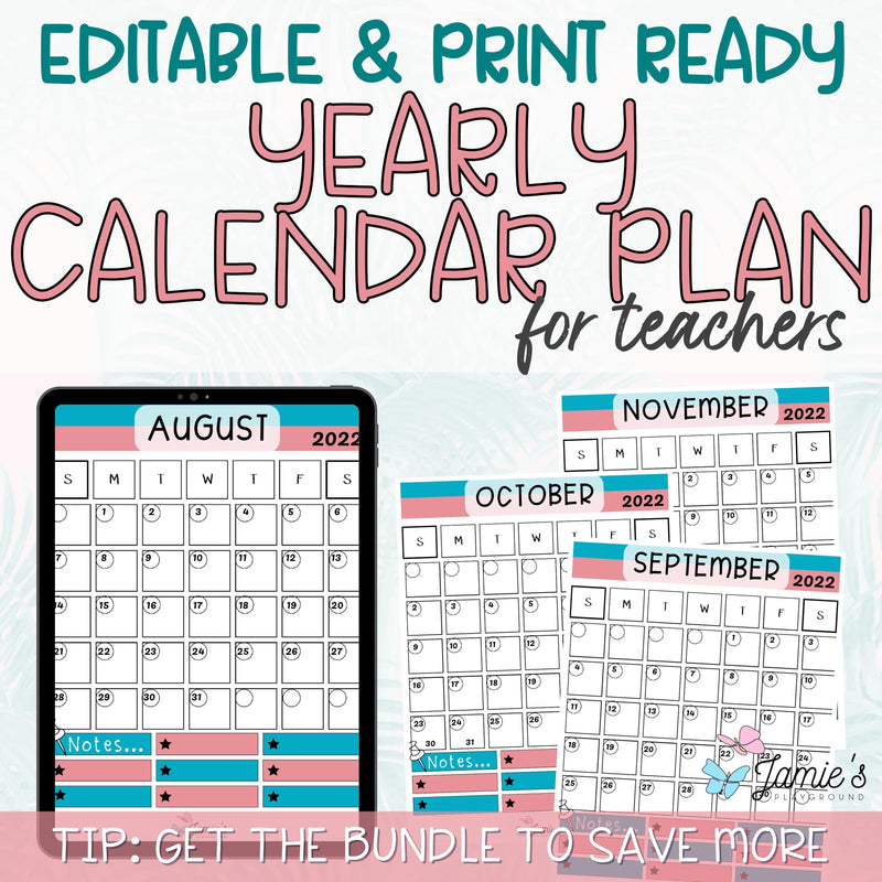 Editable Teacher Binder | Year and Month at a Glance Calendar 2023 | Pink & Teal Theme