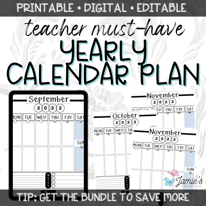 Editable Teacher Binder | Year and Month at a Glance Calendar 2023 | Black & White theme