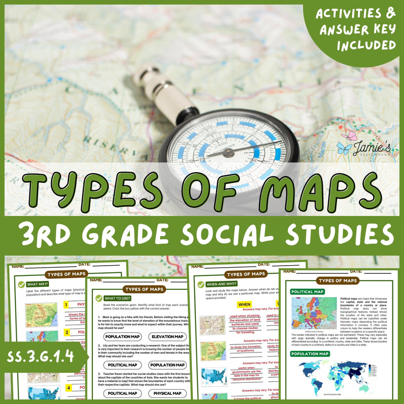 Types of Maps Activity & Answer Key 3rd Grade Social Studies