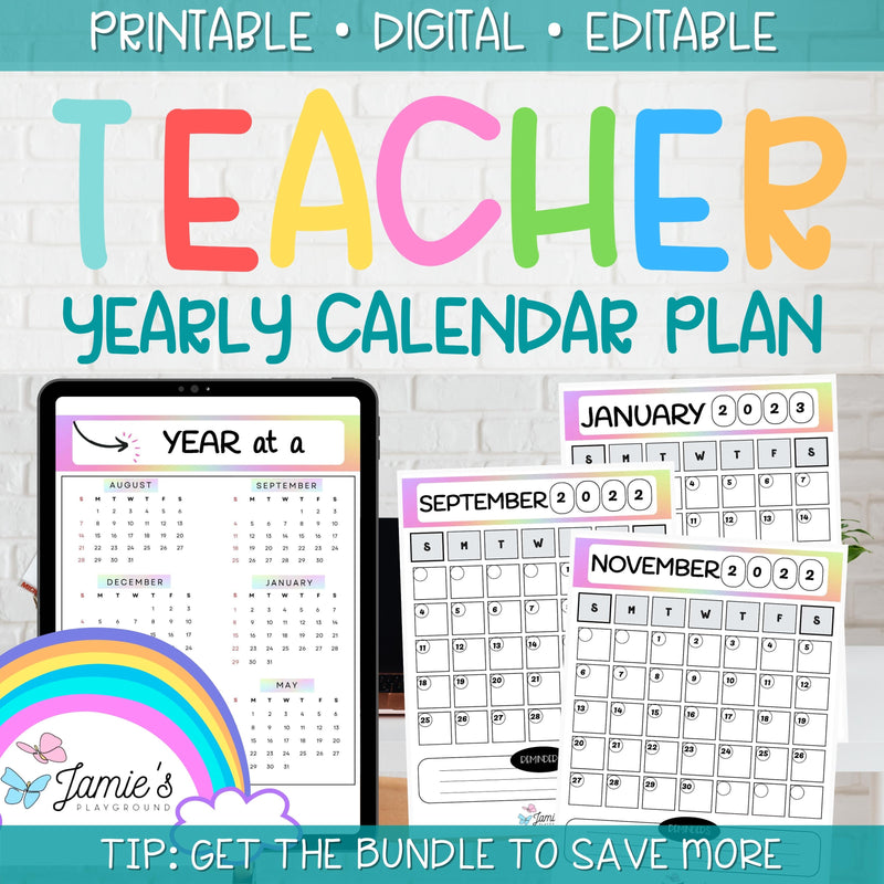 Editable Teacher Binder | Year and Month at a Glance Calendar 2023 | Rainbow theme