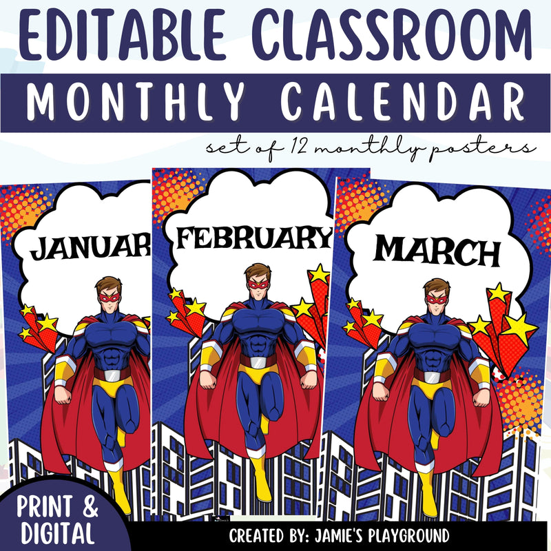 Months of the Year Title Cards 1 - EDITABLE Superhero Classroom Monthly Title Posters