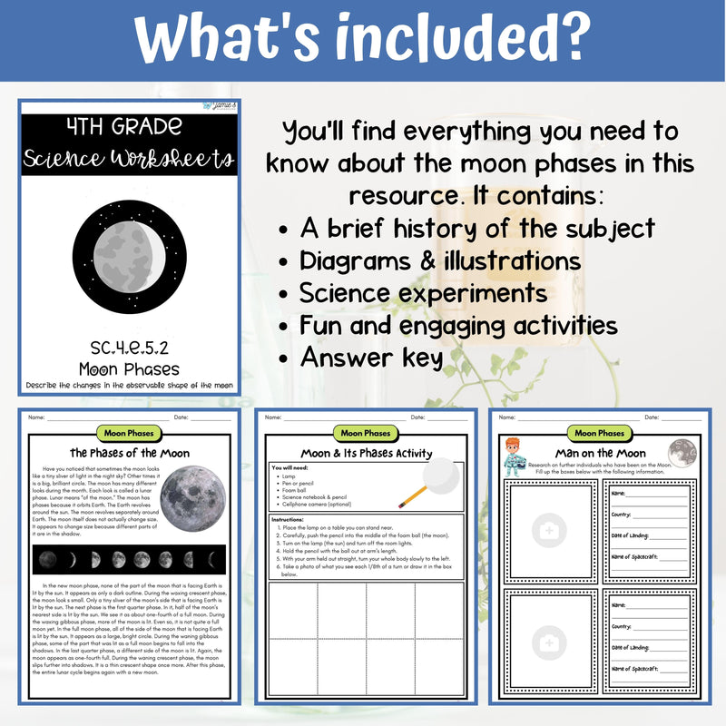 Phases of the Moon Activity & Answer Key 4th Grade Earth & Space Science