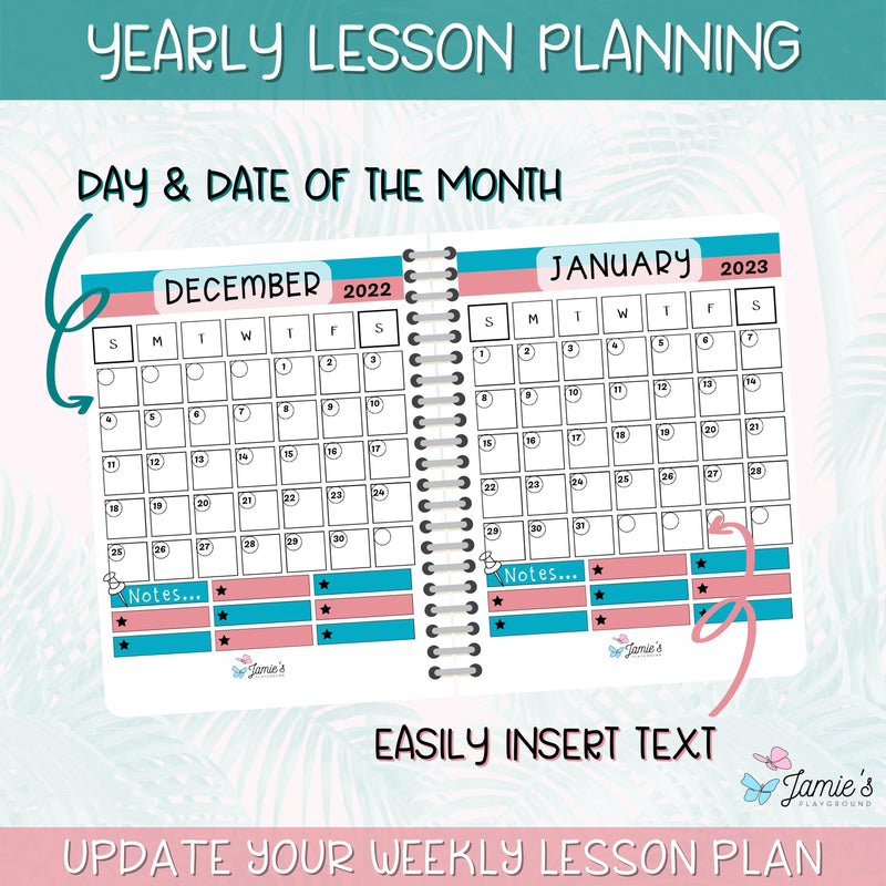 Editable Teacher Binder | Year and Month at a Glance Calendar 2023 | Pink & Teal Theme