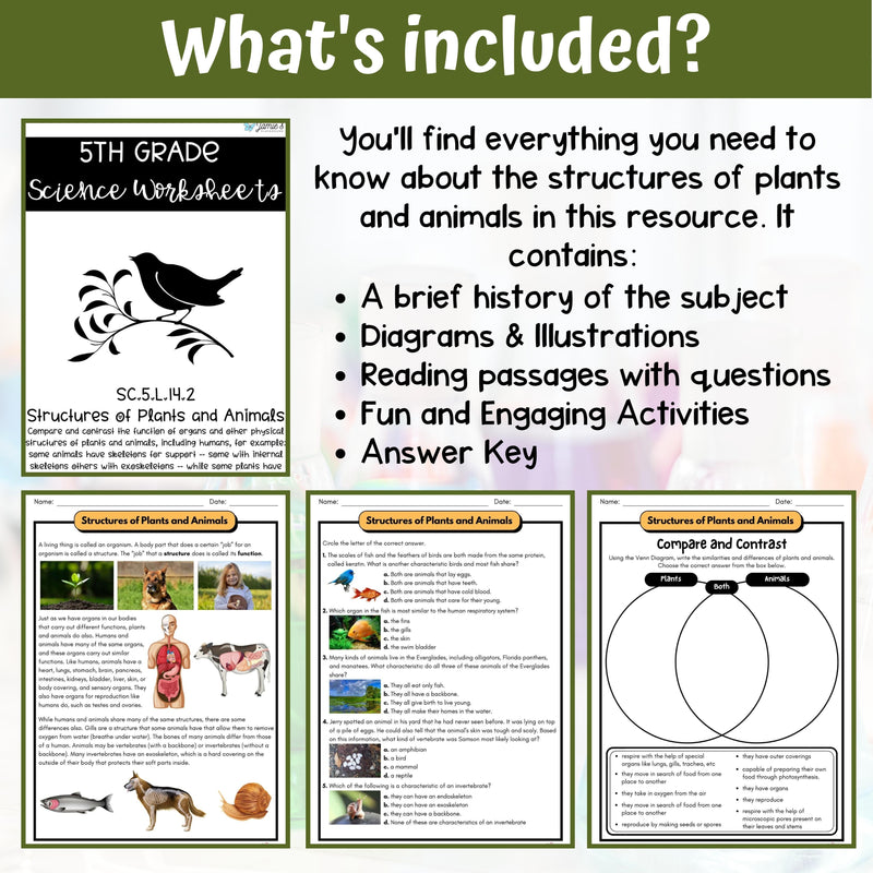 Plant and Animal Structures Activity & Answer Key 5th Grade Life Science