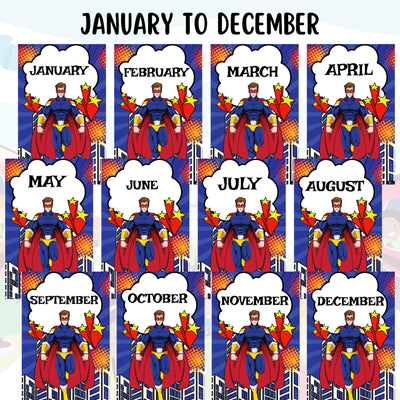 Months of the Year Title Cards 1 - EDITABLE Superhero Classroom Monthly Title Posters