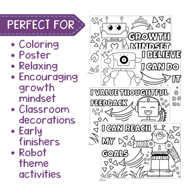 Growth Mindset Coloring Pages and Posters | Robot Inspirational Coloring