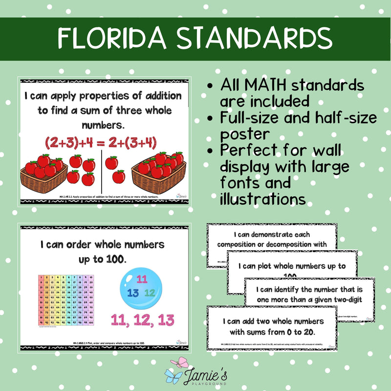 Florida BEST Standards: 1st Grade MATH I Can Statements - Full & Half Pages