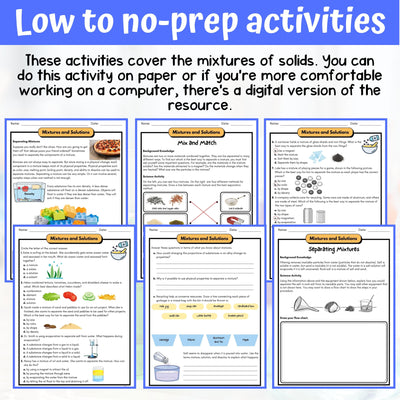 Mixtures and Solutions Activity & Answer Key 5th Grade Physical Science