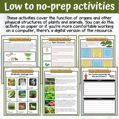 Plant and Animal Structures Activity & Answer Key 5th Grade Life Science