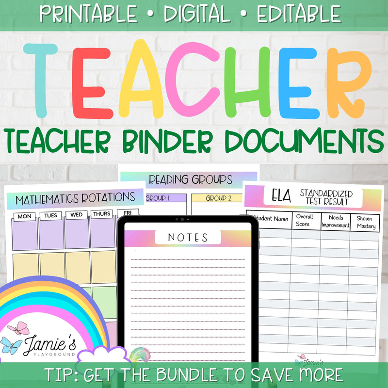 Editable Binder Documents for Teacher Binder and Planner | Rainbow theme