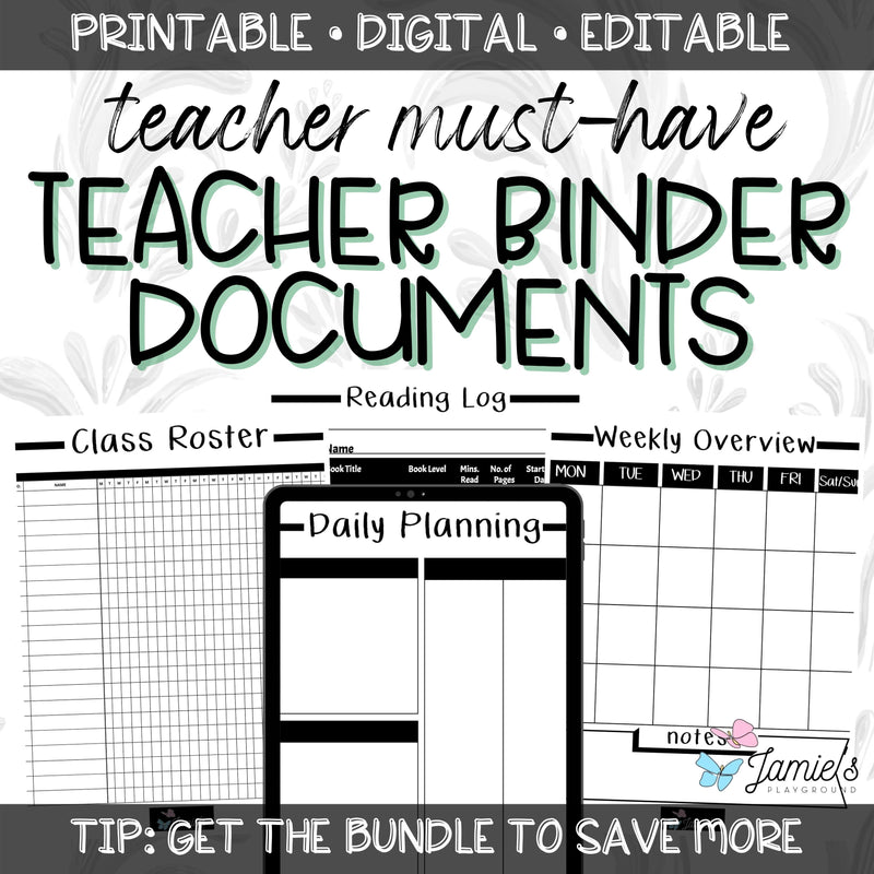 Editable Binder Documents for Teacher Binder and Planner | Black & White theme