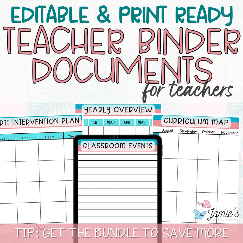 Editable Binder Documents for Teacher Binder and Planner | Pink & Teal Theme