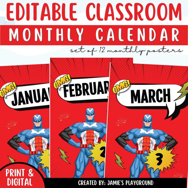 Months of the Year Title Cards 2 - EDITABLE Superhero Classroom Monthly Title Posters