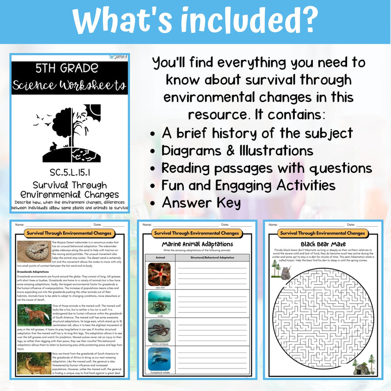 Plant and Animal Survival Activity & Answer Key 5th Grade Life Science