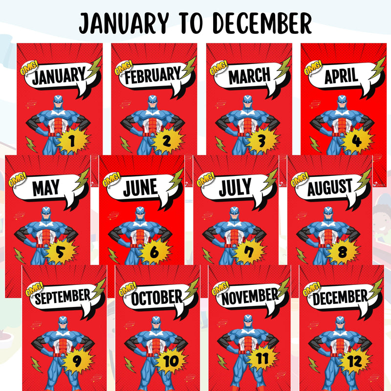 Months of the Year Title Cards 2 - EDITABLE Superhero Classroom Monthly Title Posters