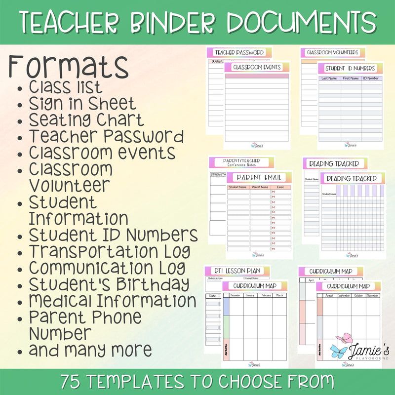 Editable Binder Documents for Teacher Binder and Planner | Rainbow theme