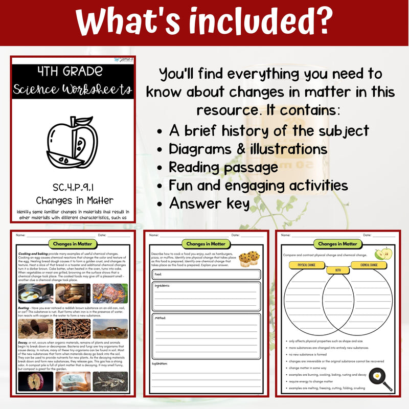 Changes in Matter Activity & Answer Key 4th Grade Physical Science