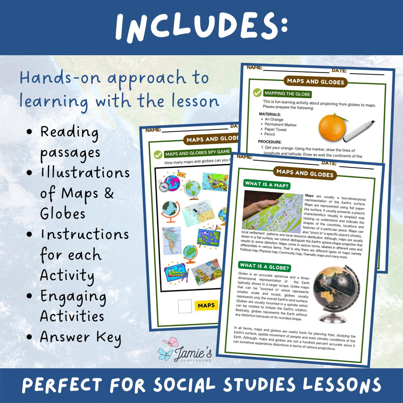 Maps and Globes Activity & Answer Key 3rd Grade Social Studies