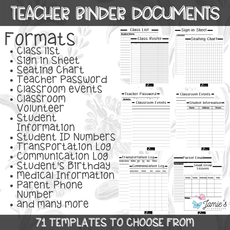 Editable Binder Documents for Teacher Binder and Planner | Black & White theme