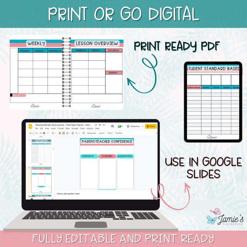 Editable Binder Documents for Teacher Binder and Planner | Pink & Teal Theme