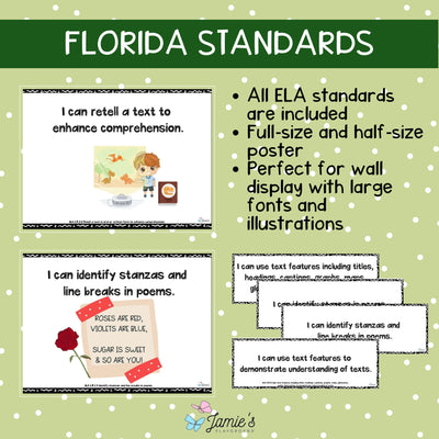 Florida BEST Standards: 1st Grade ELA I Can Statements - Full & Half Pages