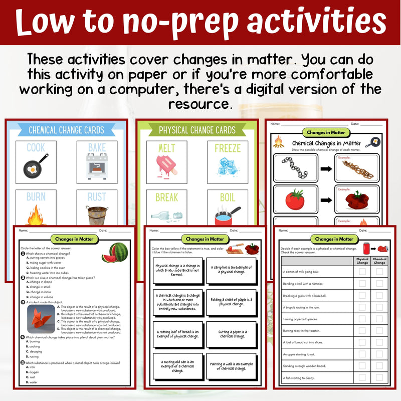 Changes in Matter Activity & Answer Key 4th Grade Physical Science