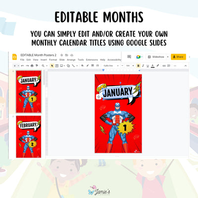 Months of the Year Title Cards 2 - EDITABLE Superhero Classroom Monthly Title Posters