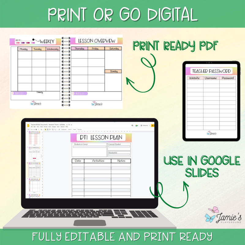 Editable Binder Documents for Teacher Binder and Planner | Rainbow theme