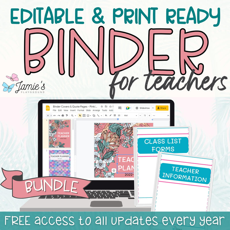 Editable Teacher Binder and Planner 2023 | FREE Updates Every Year | Pink & Teal Theme