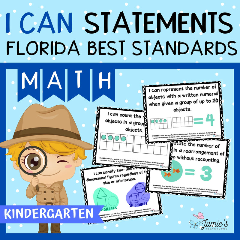 Florida BEST Standards: Kindergarten MATH I Can Statements - Full & Half Pages