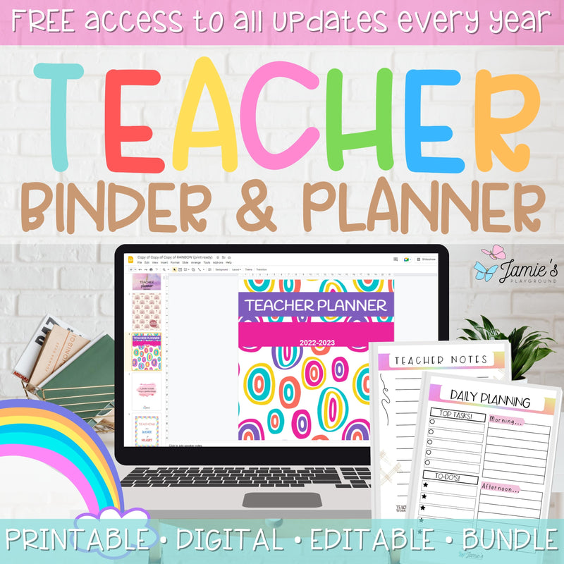 Editable Teacher Binder and Planner 2023 | FREE Updates Every Year | Rainbow theme