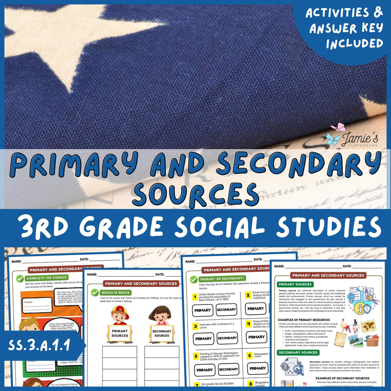 Primary and Secondary Sources Activity & Answer Key 3rd Grade Social Studies