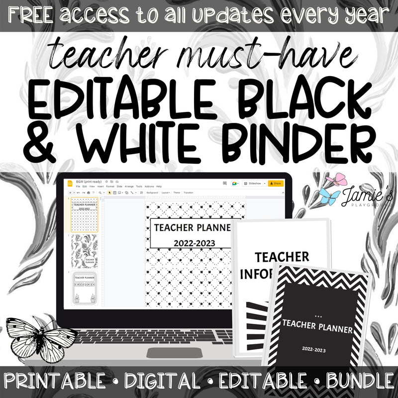 Editable Teacher Binder and Planner 2023 | FREE Updates Every Year | Black & White theme