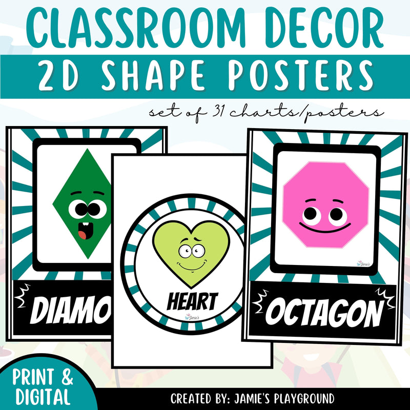 2D Shape Charts/Posters - Superhero Print & Digital Classroom Decoration Set