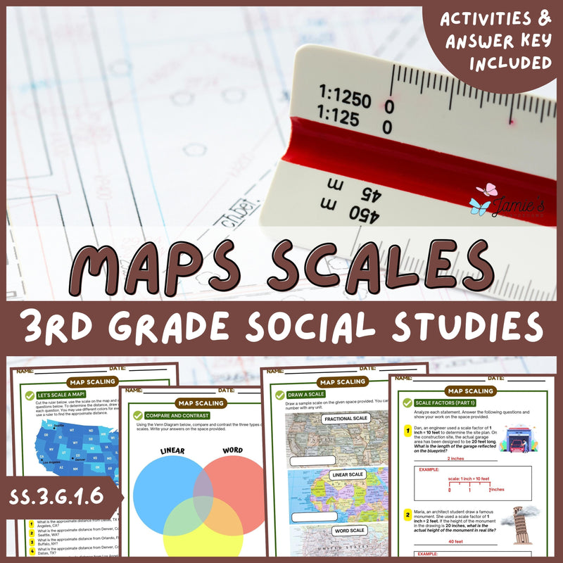 Map Scale Activity & Answer Key 3rd Grade Social Studies