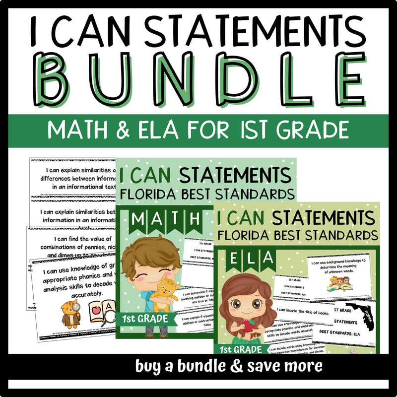 Florida BEST Standards: 1st Grade MATH & ELA I Can Statements - BUNDLE