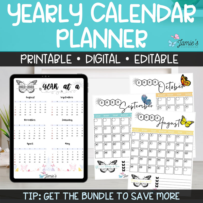 Editable Teacher Binder | Year and Month at a Glance Calendar 2023 | Butterfly theme