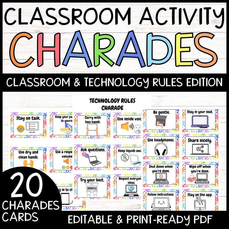 Technology Rules Charades Cards EDITABLE (Colorful): Back to School Activity